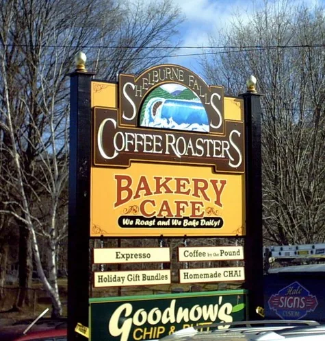 Shelburne Falls Coffee Roasters Painted mural — Carved & Gold Leaf Signs built by Hale Custom Signs