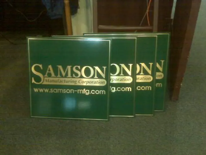 Brushed brass multiple signs — Trade Show by Hale Custom Signs