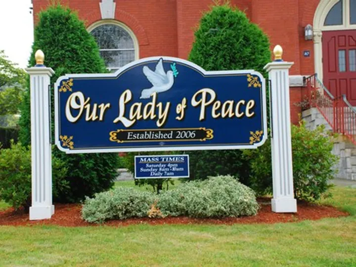 Our Lady of Peace Mahogany Wood panel 8ft — Post & Panel Signs by Hale Custom Signs