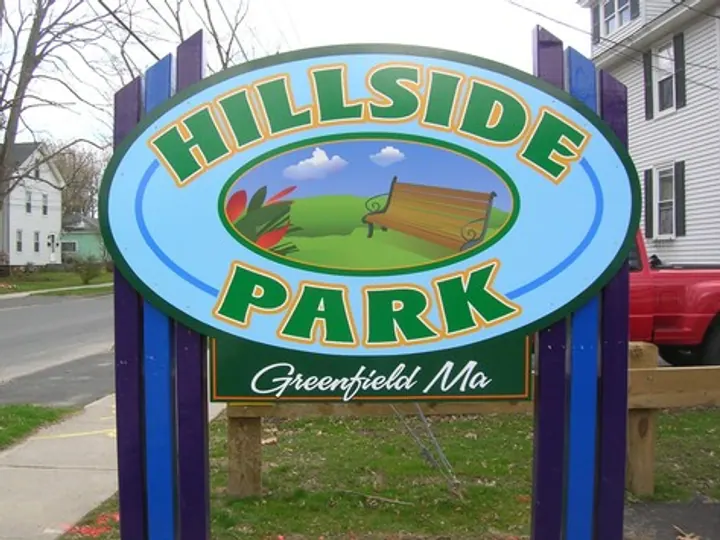 Greenfields Hillside Park custom shaped panel with special wood posts system — Post & Panel Signs by Hale Custom Signs